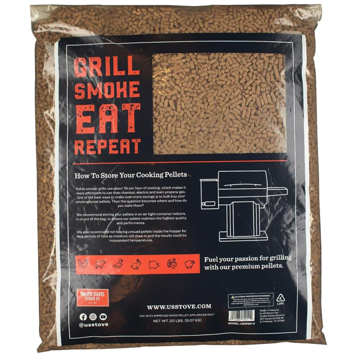US Stove Competition Cooking Pellets close-up showing hardwood texture and uniform size for steady heat