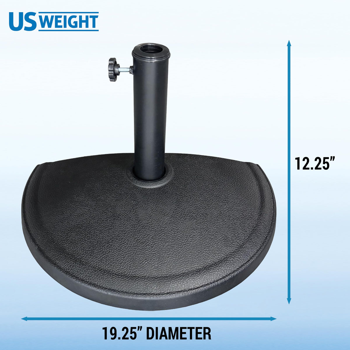 US Weight base with adjustable pole diameter fits umbrellas from 1.3 to 1.9 inches.