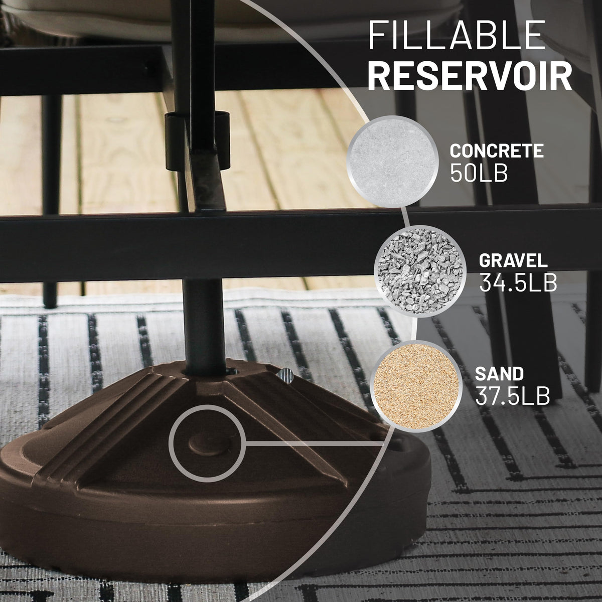 US Weight base fits 1.5-inch poles for secure patio shade.
