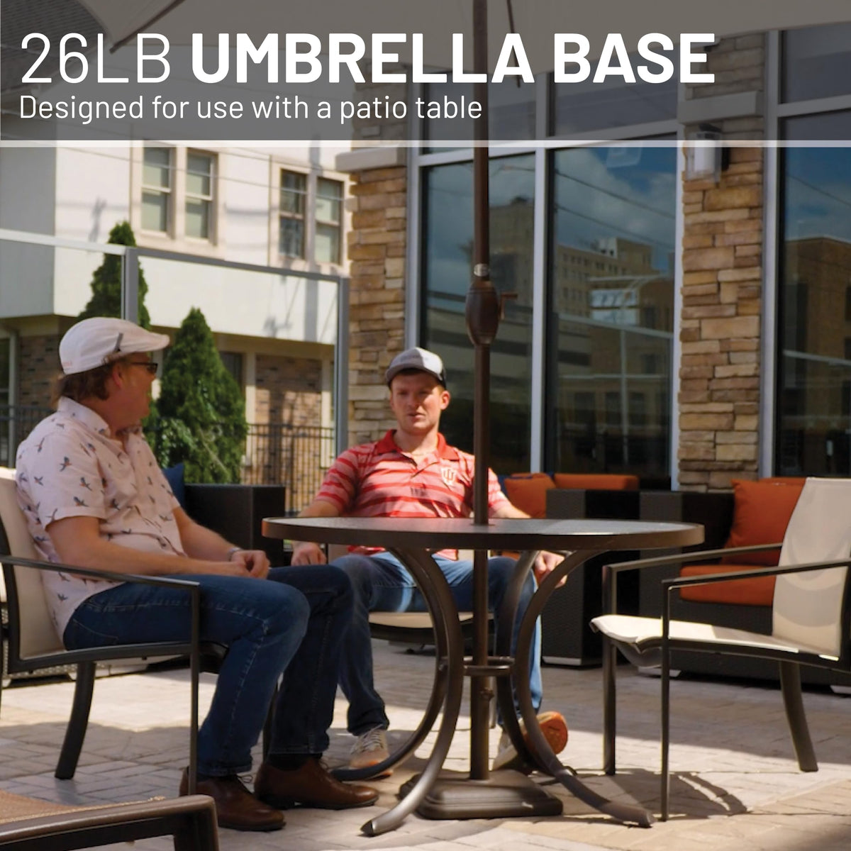 US Weight bronze base with table fit design for secure outdoor shade