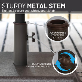 US Weight umbrella base UV-resistant polymer resists sun and weather.