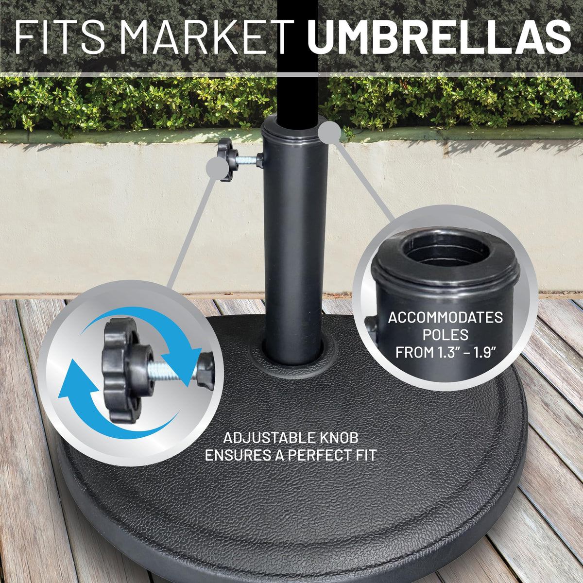 US Weight weather-resistant umbrella base withstands sun and wind exposure.