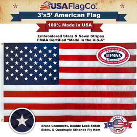 USA Flag Co flag with reinforced headings and grommets for strong mounting.