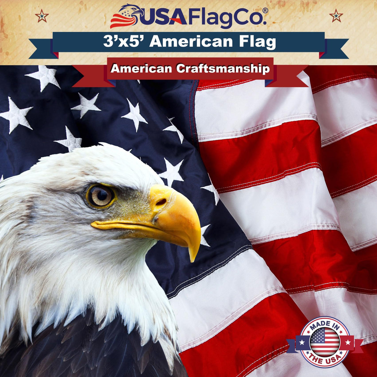 USA Flag Co flag catching sunlight for vibrant color and sheen.