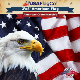 USA Flag Co flag catching sunlight for vibrant color and sheen.