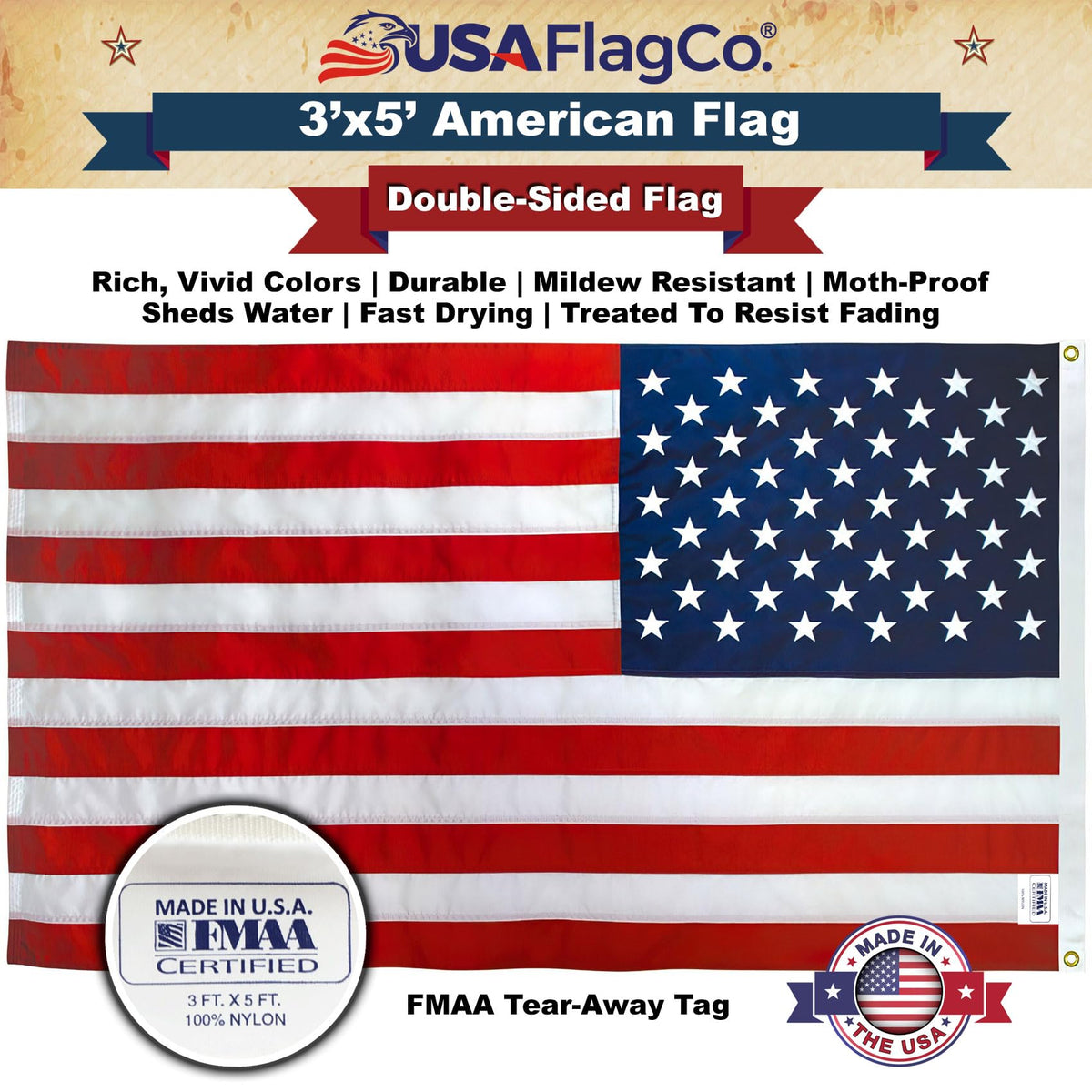USA Flag Co nylon flag offering high wear resistance for outdoor use.
