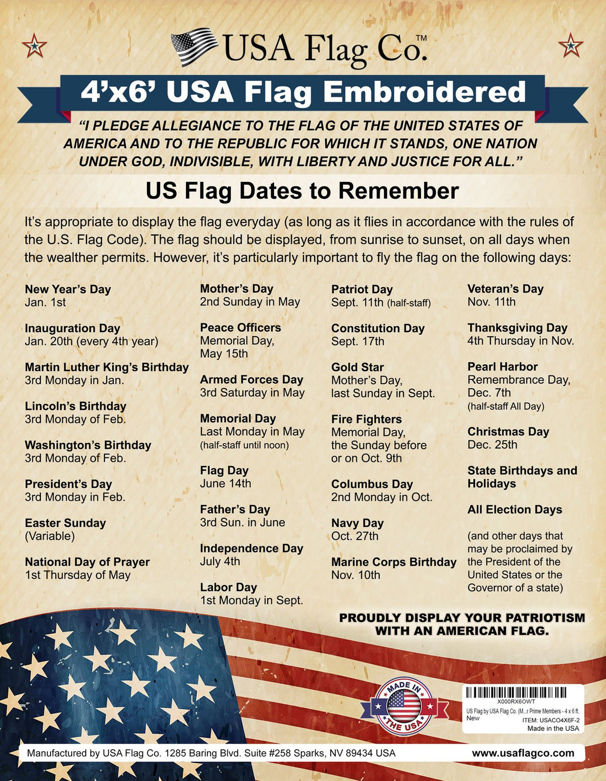 USA Flag Co. Outdoor display 4x6 flag for porch or yard