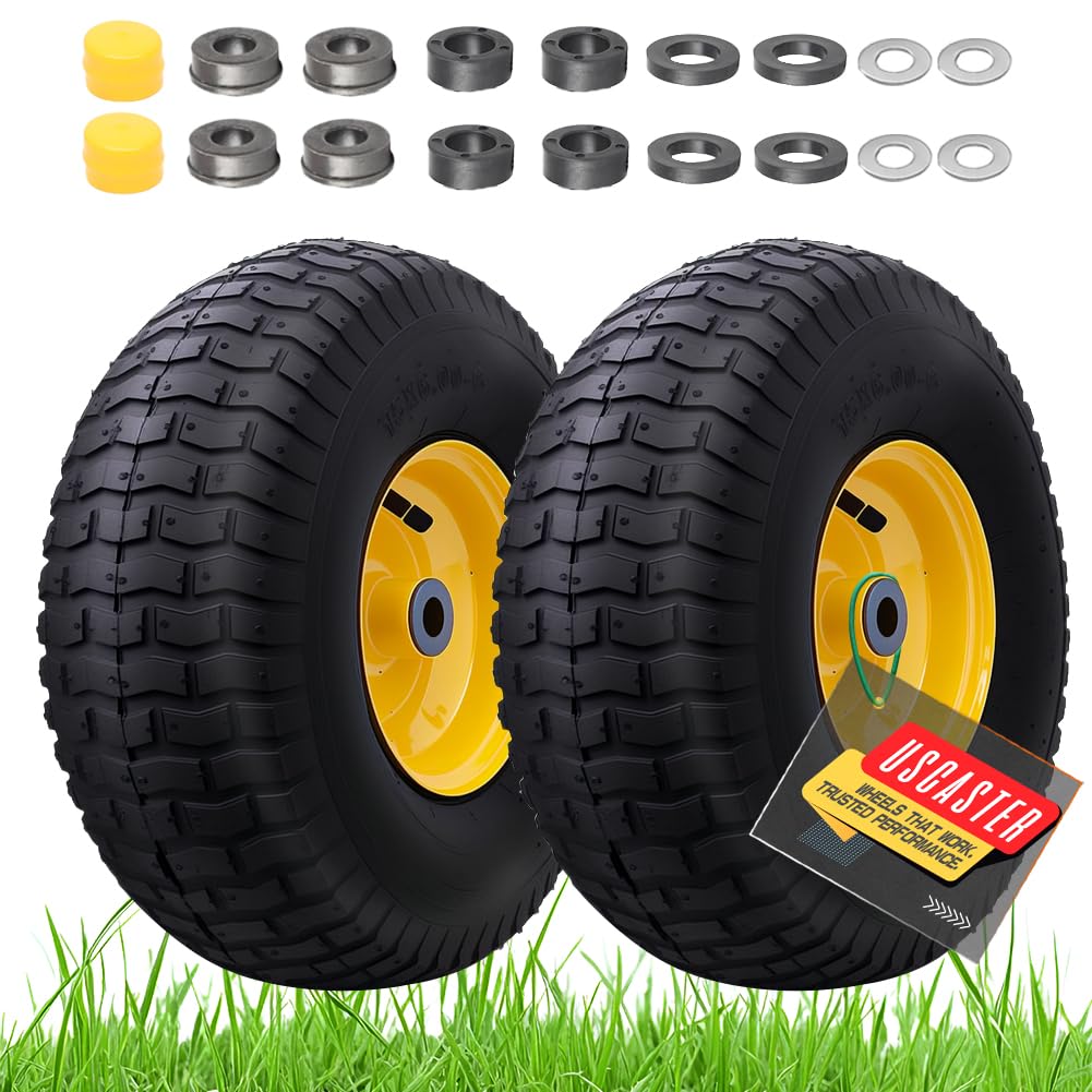 USCaster 15x6.00-6 front tire assembly closeup demonstrates turf-friendly performance for home lawns