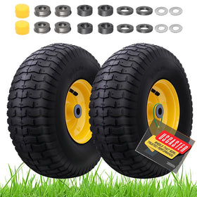 USCaster 15x6.00-6 front tire assembly closeup demonstrates turf-friendly performance for home lawns