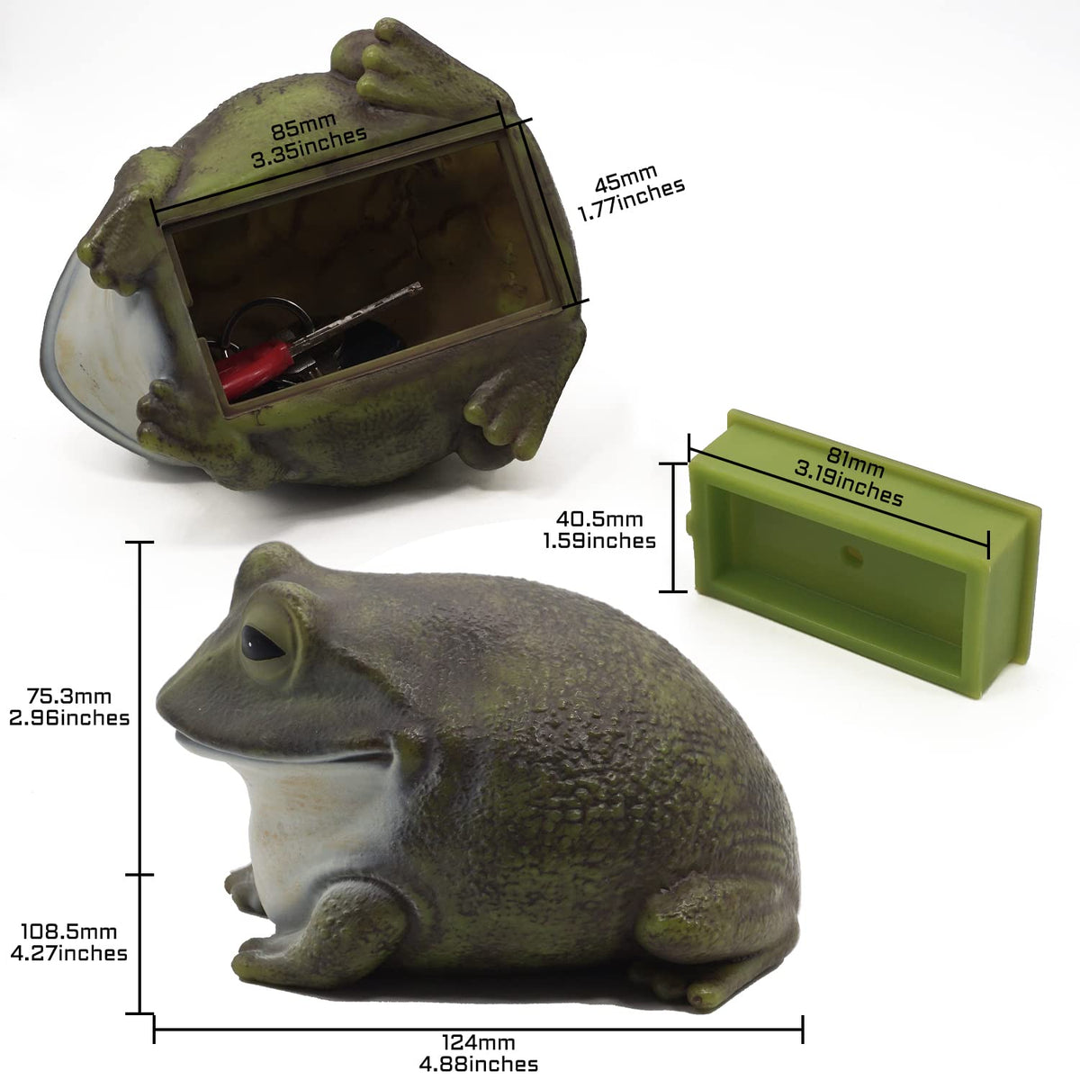 USEAMIE spare key hider frog side view highlights weatherproof build.
