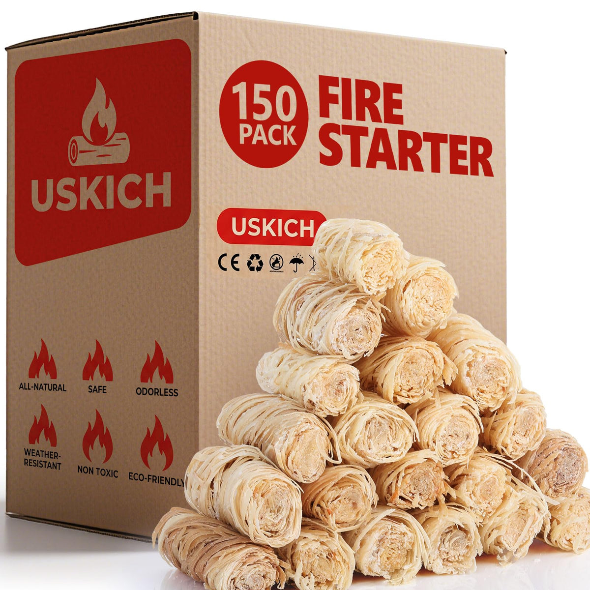 USKICH 150Pcs Fire Starter pack ready for quick ignition, odorless and weather-resistant.