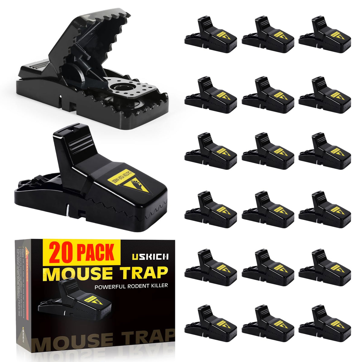USKICH 20-pack mouse traps indoor side view for quick, reusable pest control.