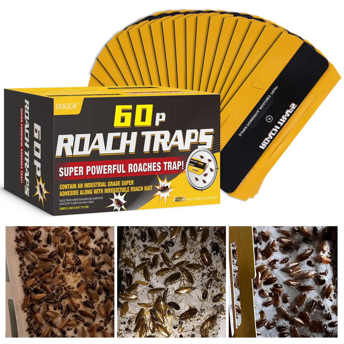 USKICH 60-pack roach traps packaging shows discreet, long-lasting indoor solution