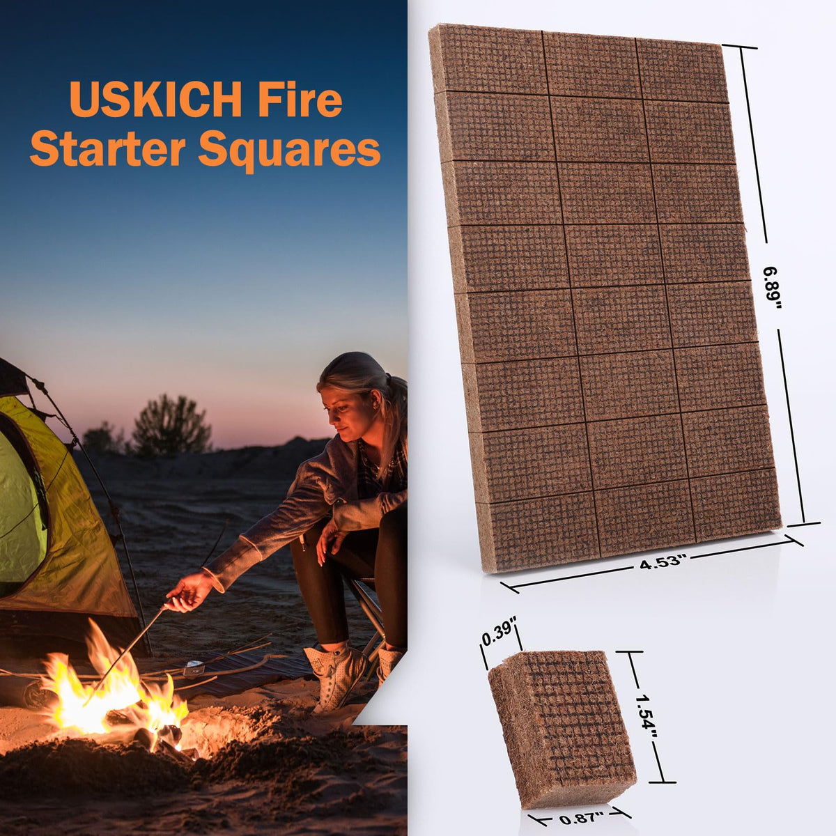 USKICH Fire Starter Squares warming fire in outdoor campfire.