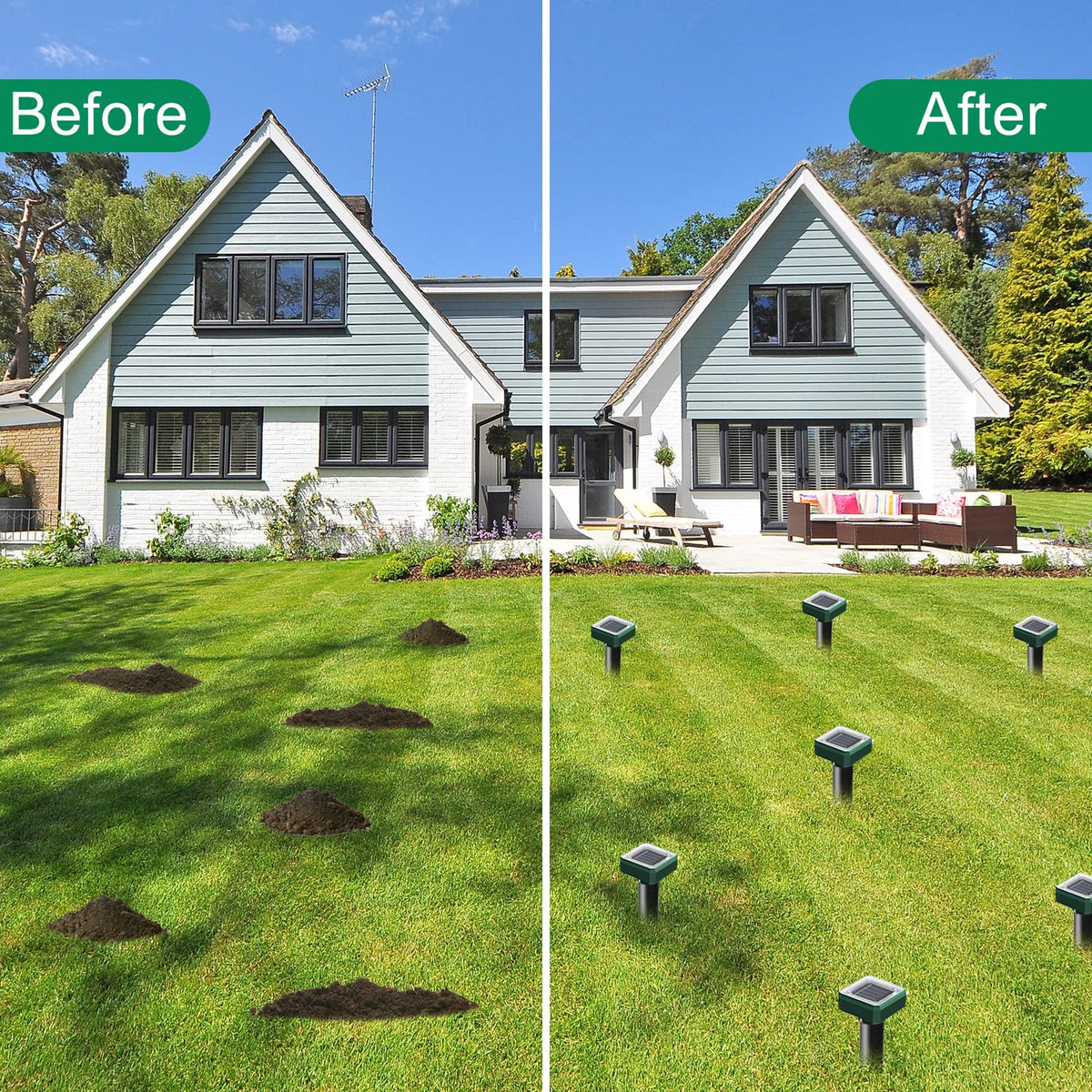 USKICH solar mole repellent installed in yard provides ongoing deterrence