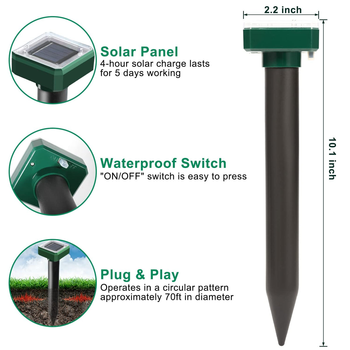 USKICH solar mole repellent spikes close-up highlighting durable weatherproof design