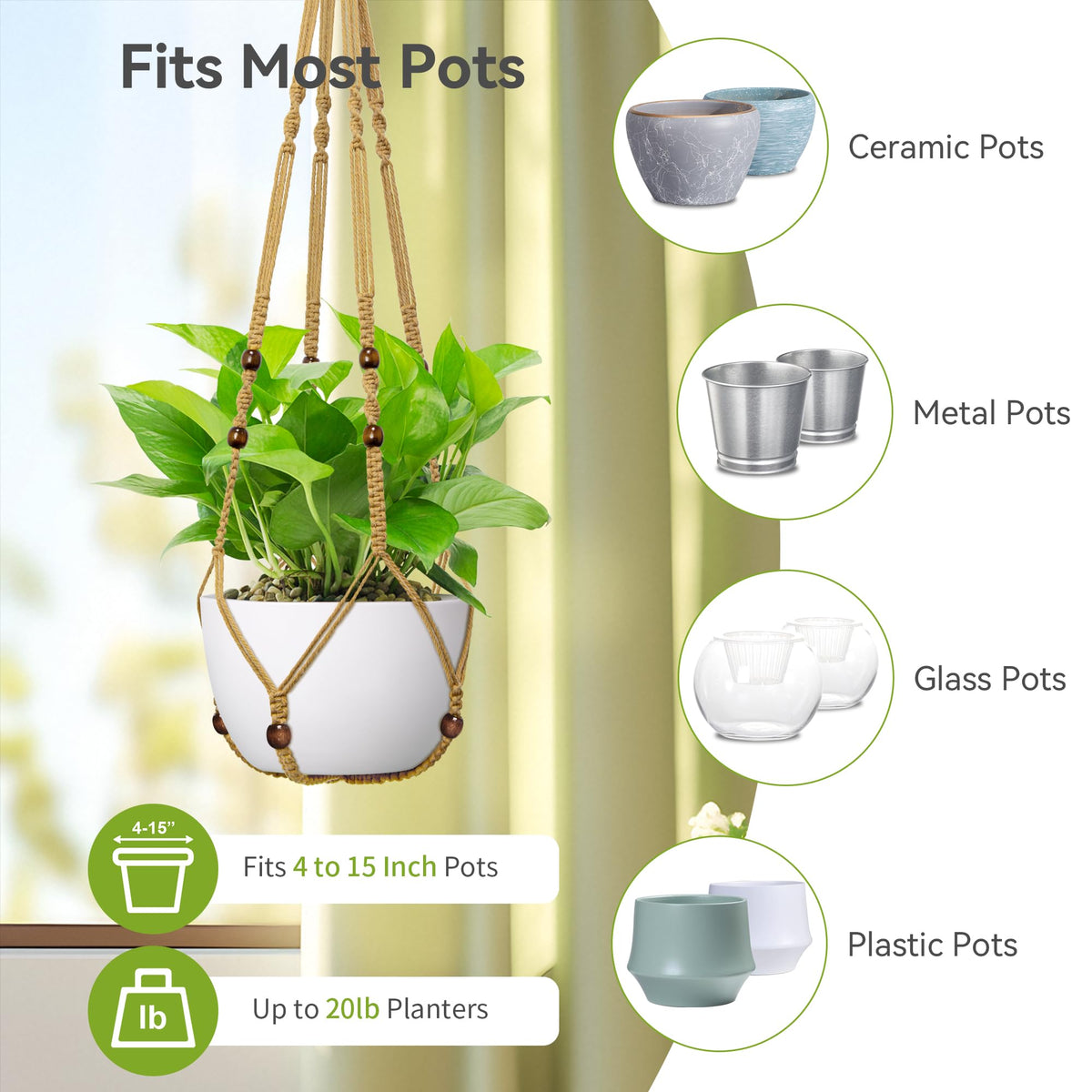 USLAI brown cotton macrame hanger enhances indoor and outdoor plant displays.