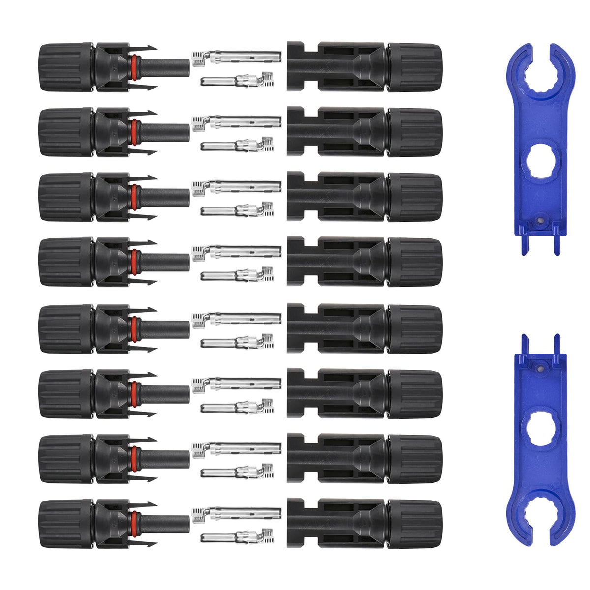 Usngsny solar connectors closeup showing male and female contacts for efficient PV connections.