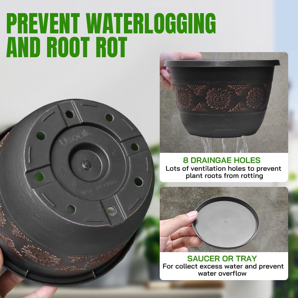 Usocik pot showing drainage holes and saucer for clean, dry floors.
