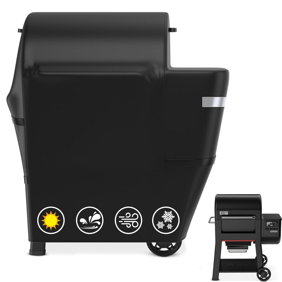 Utheer grill cover on Weber Searwood 600 front view showing snug fit and protection