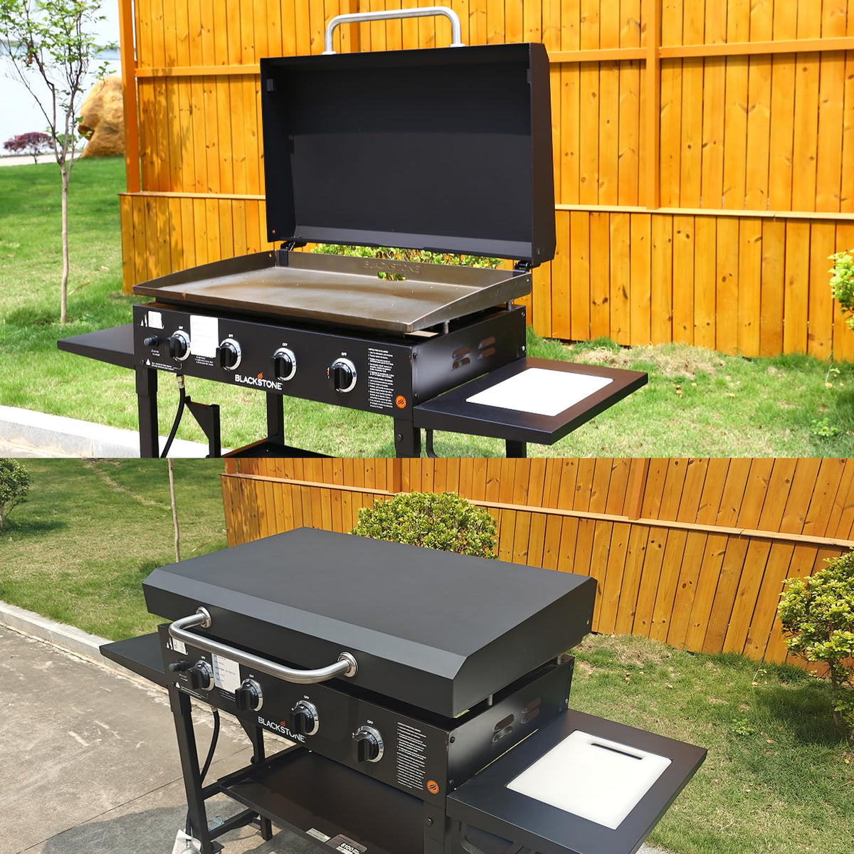 Utheer hinged lid on Blackstone 36-inch, open at 90 degrees for hands-free grilling.