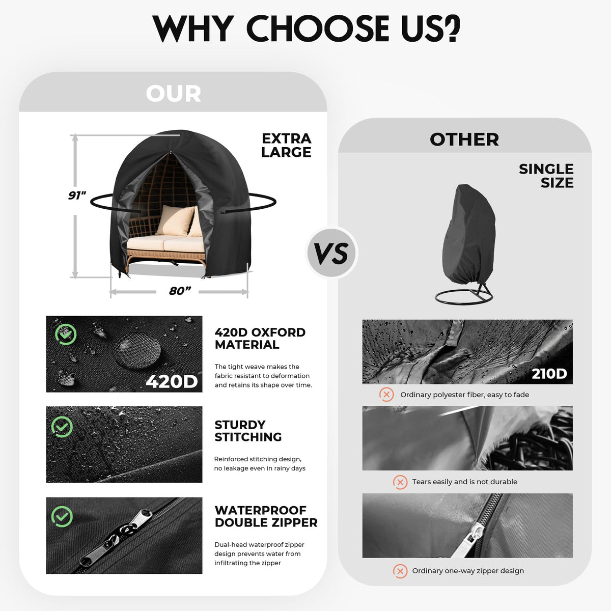 uthem double egg chair cover front zip for easy installation and quick access.