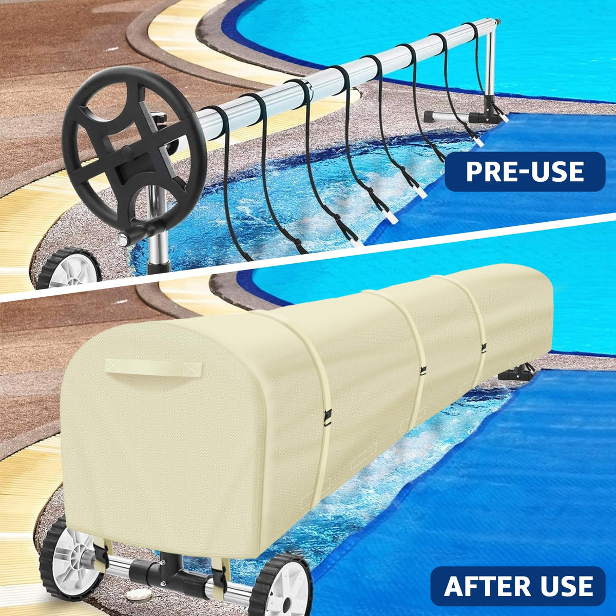 Uthem reel cover with easy-roll handles simplifies removal and storage.