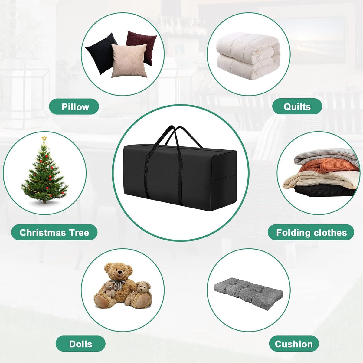 Uthem bag protects cushions from dirt and moisture on patios and decks.