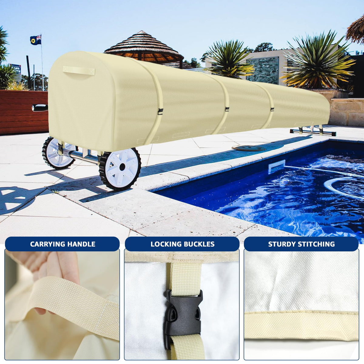 Uthem secure-fit reel cover with cords and straps prevents blowing away.