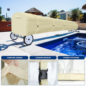 Uthem secure-fit reel cover with cords and straps prevents blowing away.