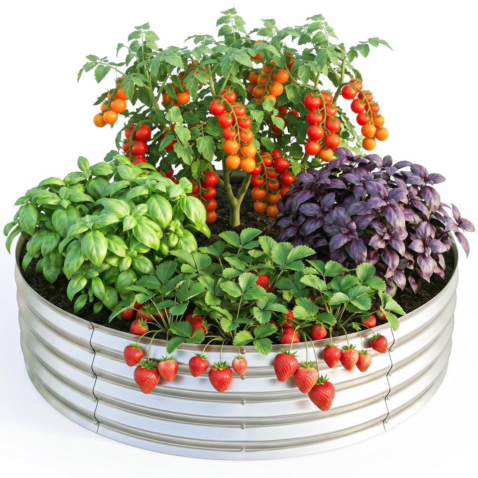 Utopia Home galvanized raised bed round 2x2, ideal for compact patio gardening.