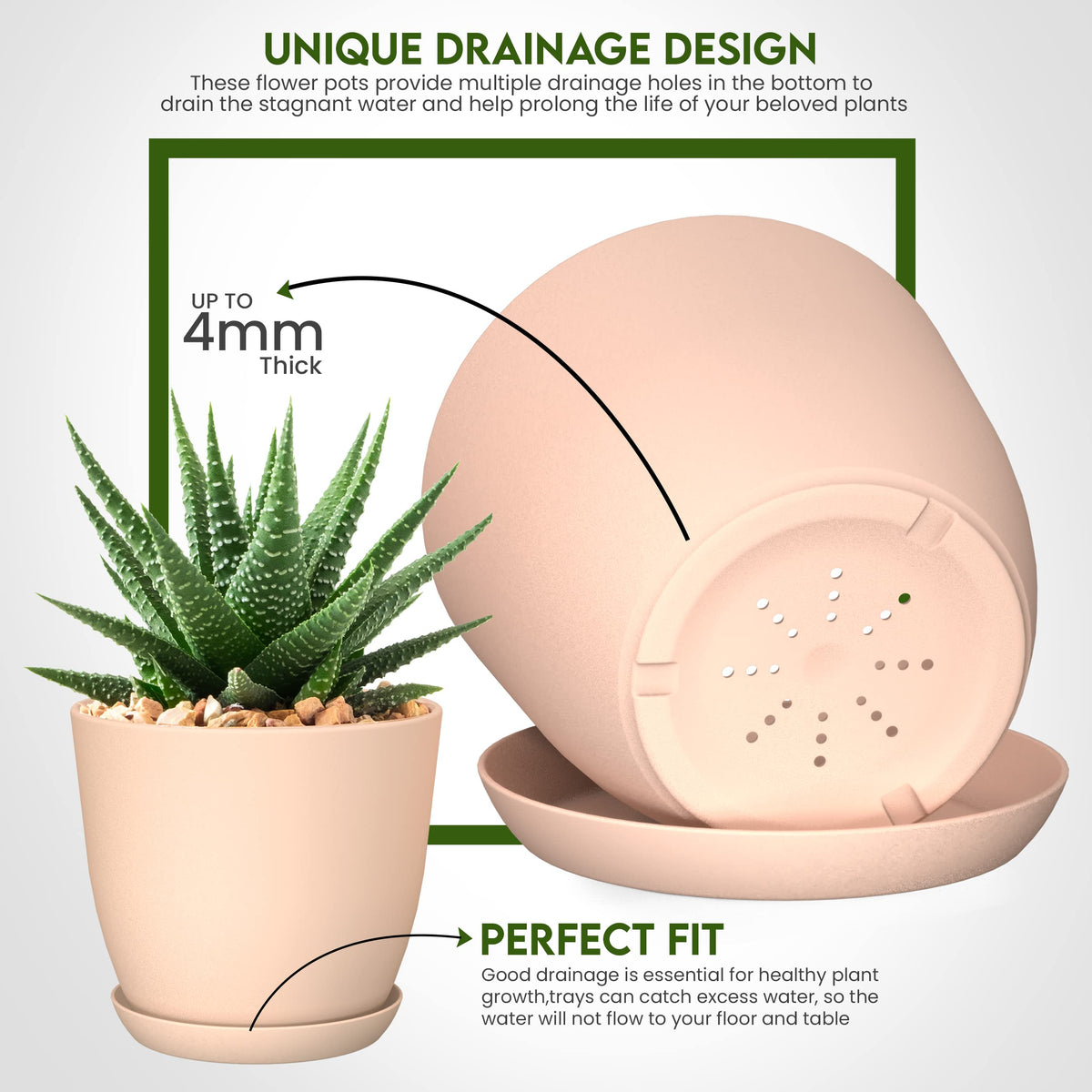 Utopia Home plant pots with drainage in pink, middle-size display for interiors