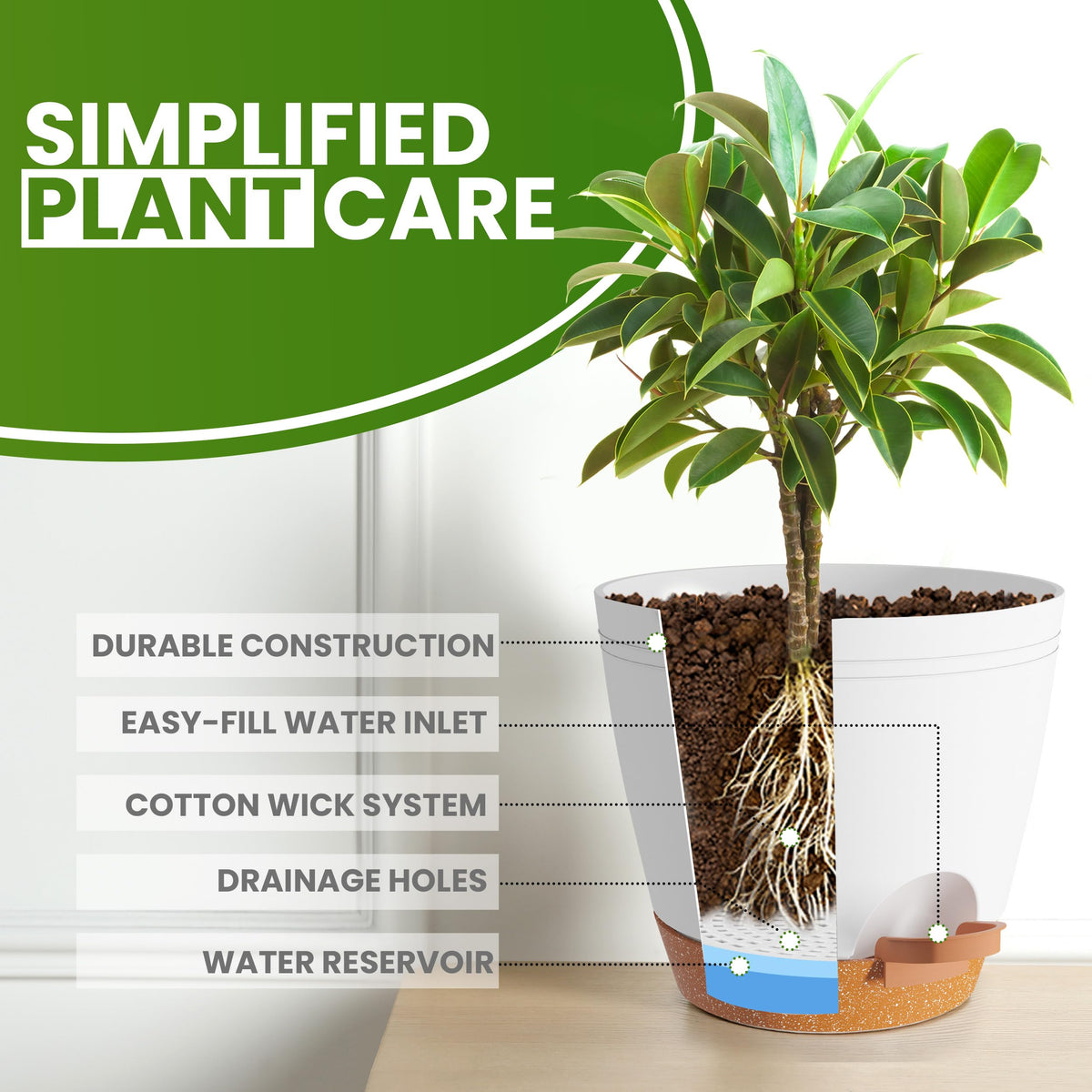 Utopia Home self-watering pot 4.9-inch white lightweight and easy to move