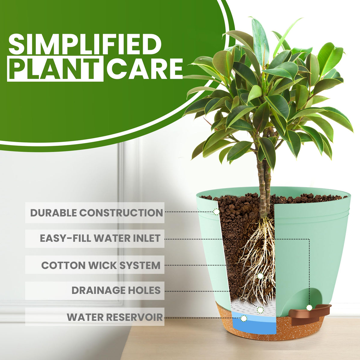 Utopia Home 5-5 inch olive green pot features removable reservoir for easy refilling.