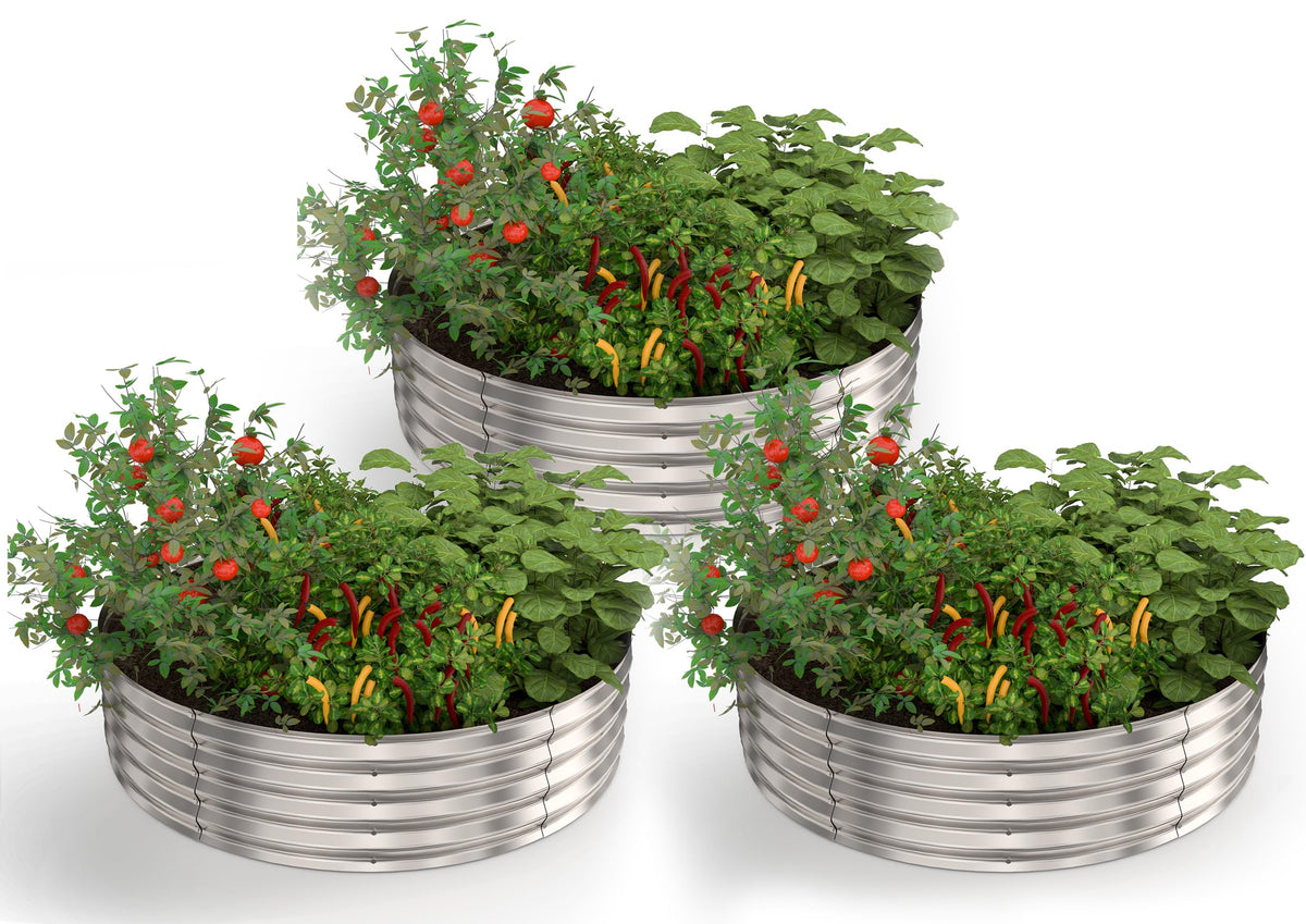Silver round planter suitable for outdoor patios and porches.