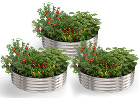 Silver round planter suitable for outdoor patios and porches.