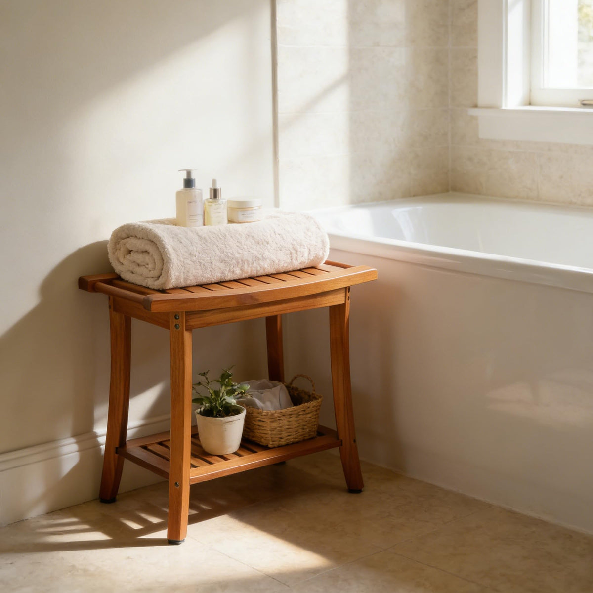 Utoplike teak is durable and ready for daily bathing routines.