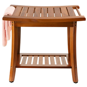 Utoplike teak shower bench with handles offers sturdy support for safe bathroom transfers.