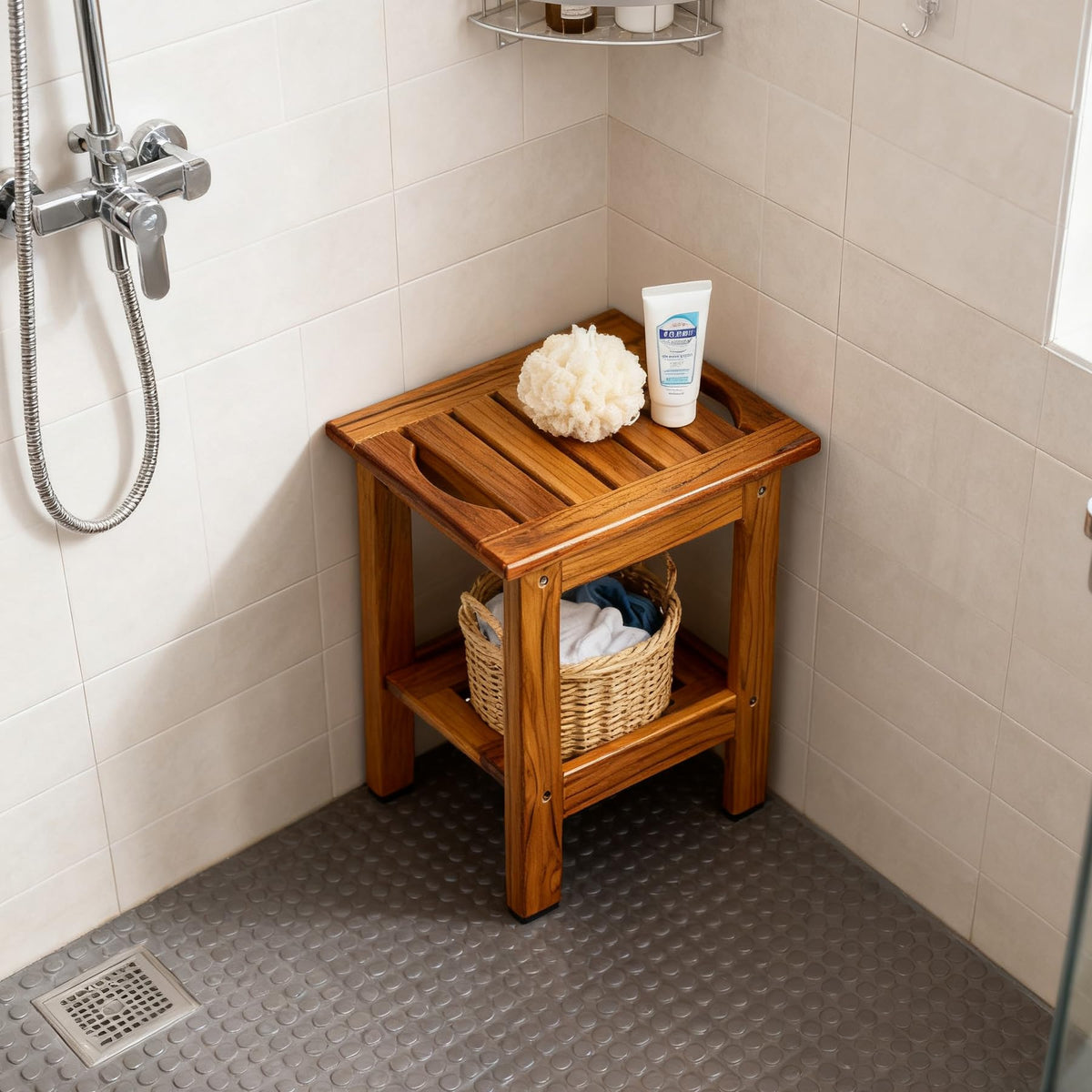 Utoplike teak shower stool compact dimensions fit shower corners.