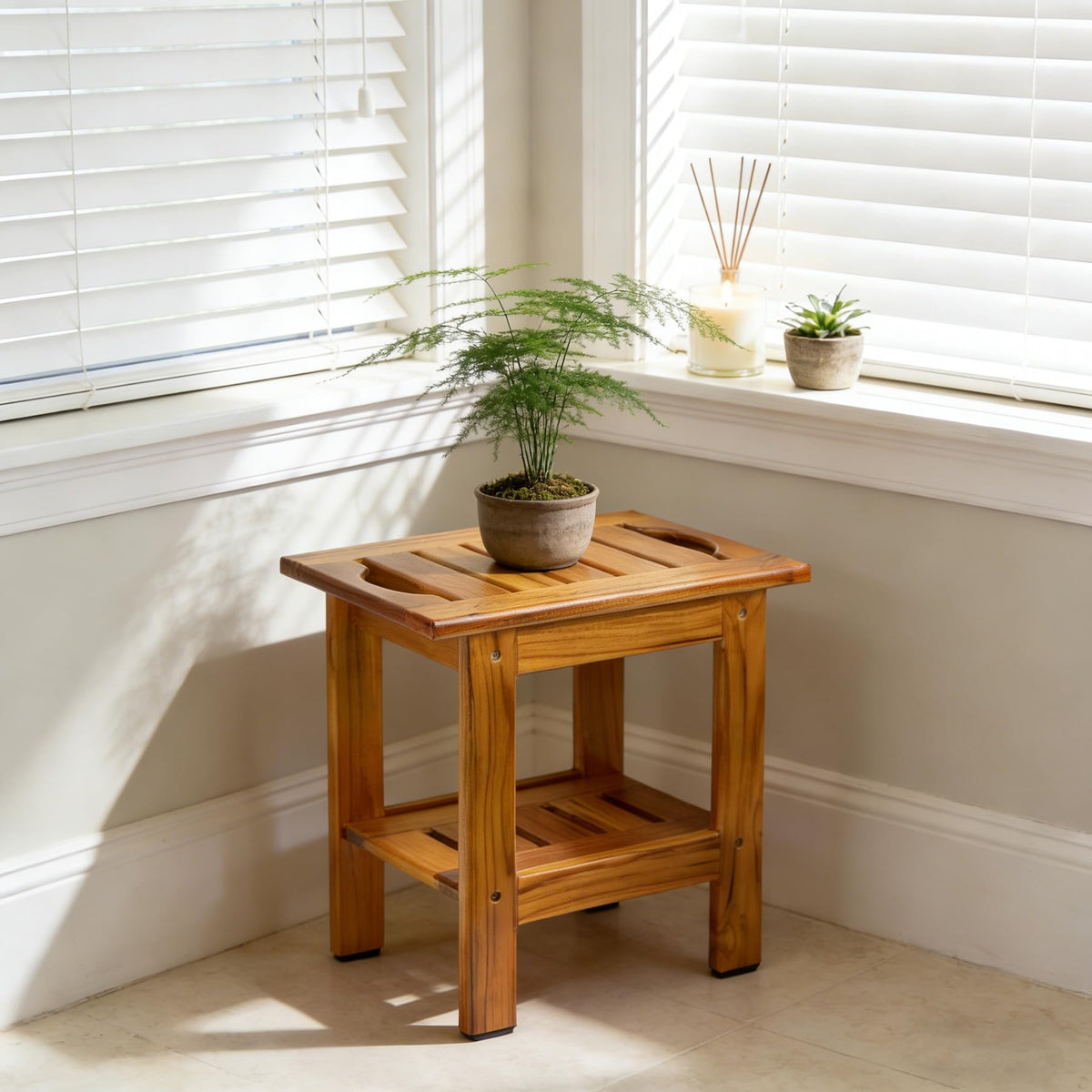 Utoplike teak shower stool in use beside shower with handle nearby.