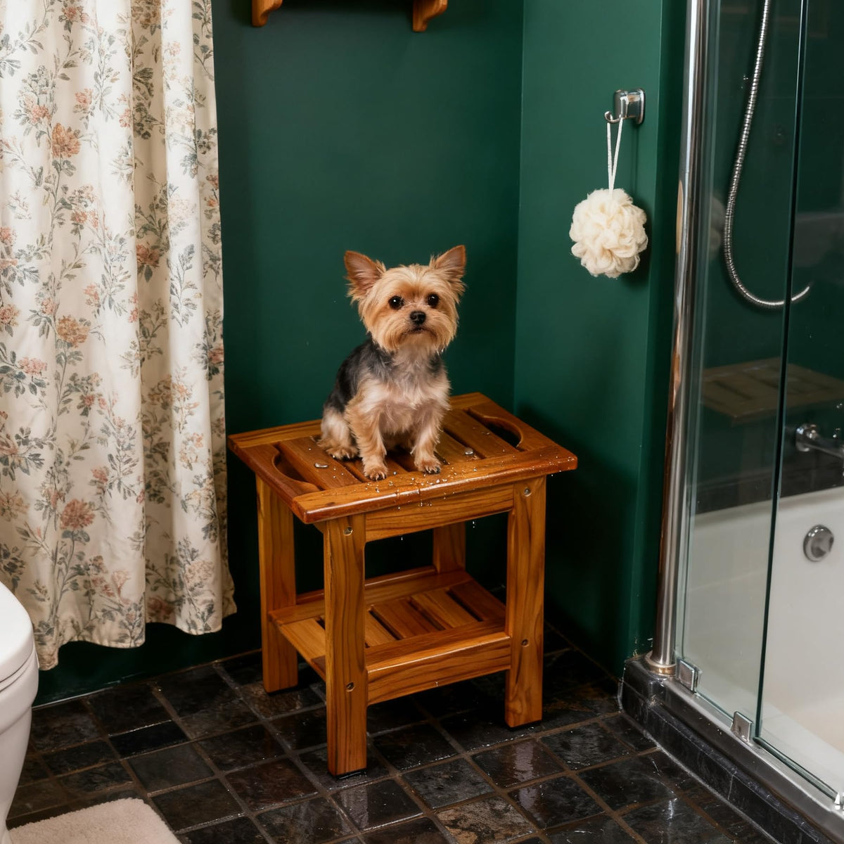 Utoplike teak shower stool suitable for indoor or outdoor use.