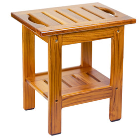 Utoplike teak shower stool top view shows compact design with shelf.
