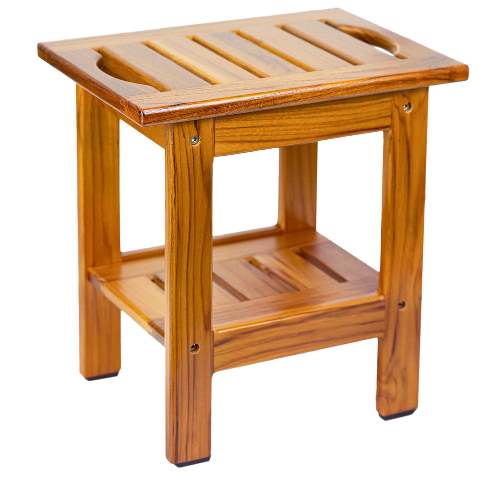 Utoplike teak shower stool top view shows compact design with shelf.