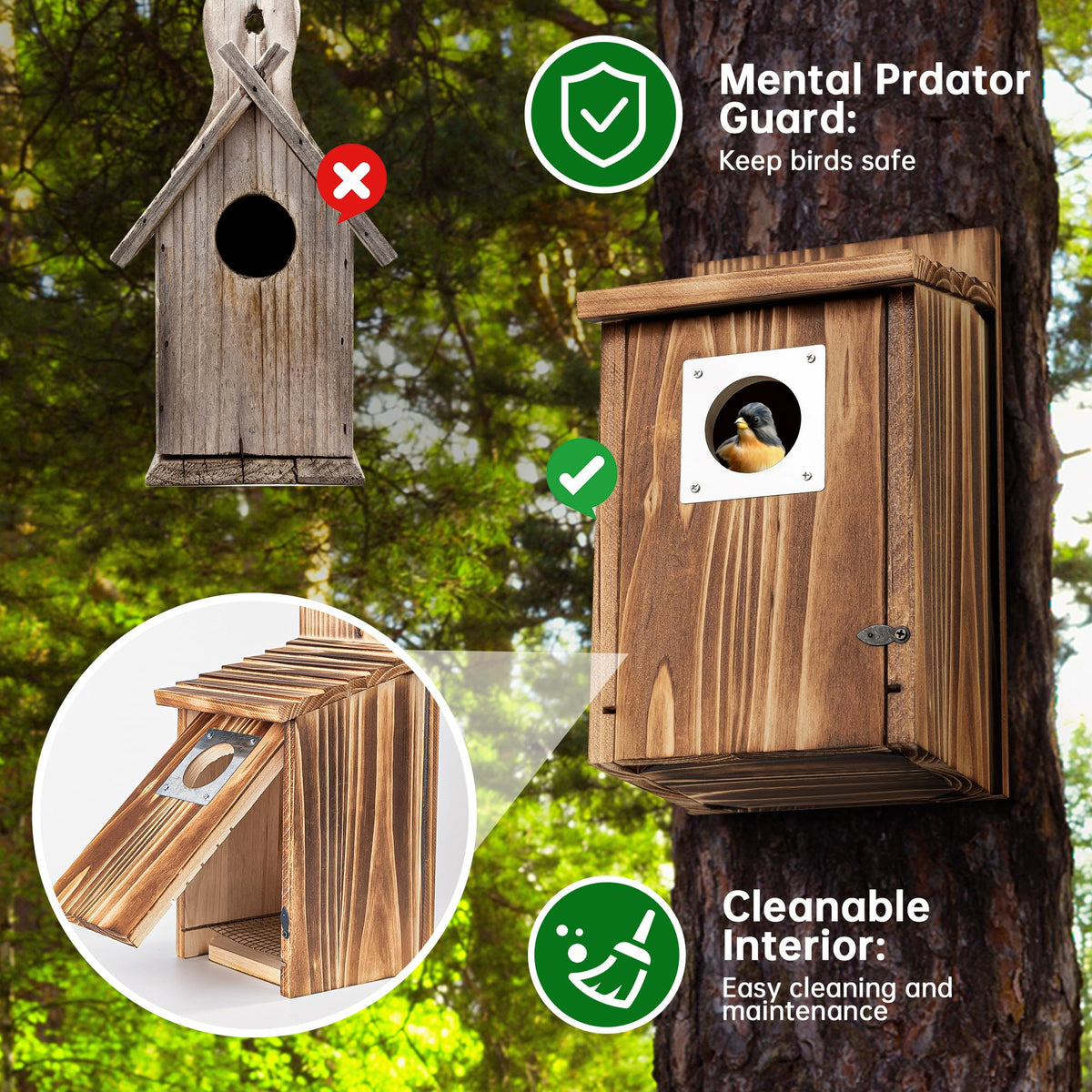 UUMENHA bird house crafted from carbonized cedar wood outdoors.