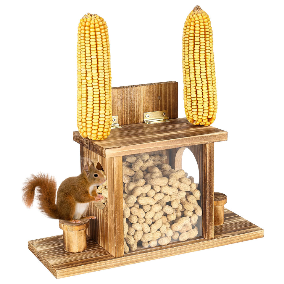 UUMENHA carbonized squirrel feeder in outdoor design attracts curious chipmunks and squirrels.