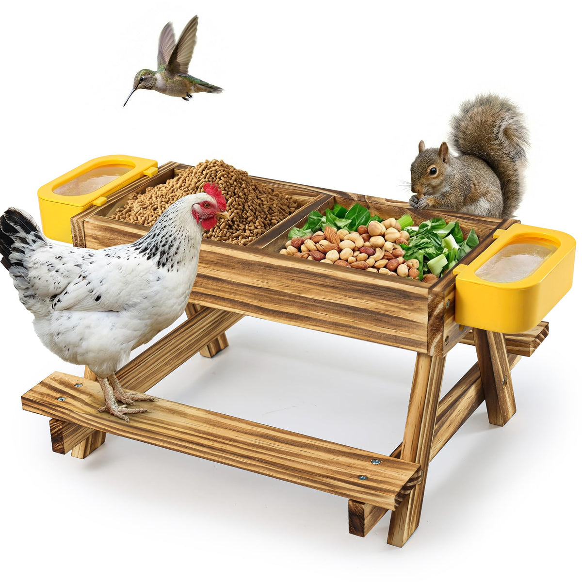 UUMENHA carbonized wooden picnic table feeder in outdoor coop for durable poultry feeding