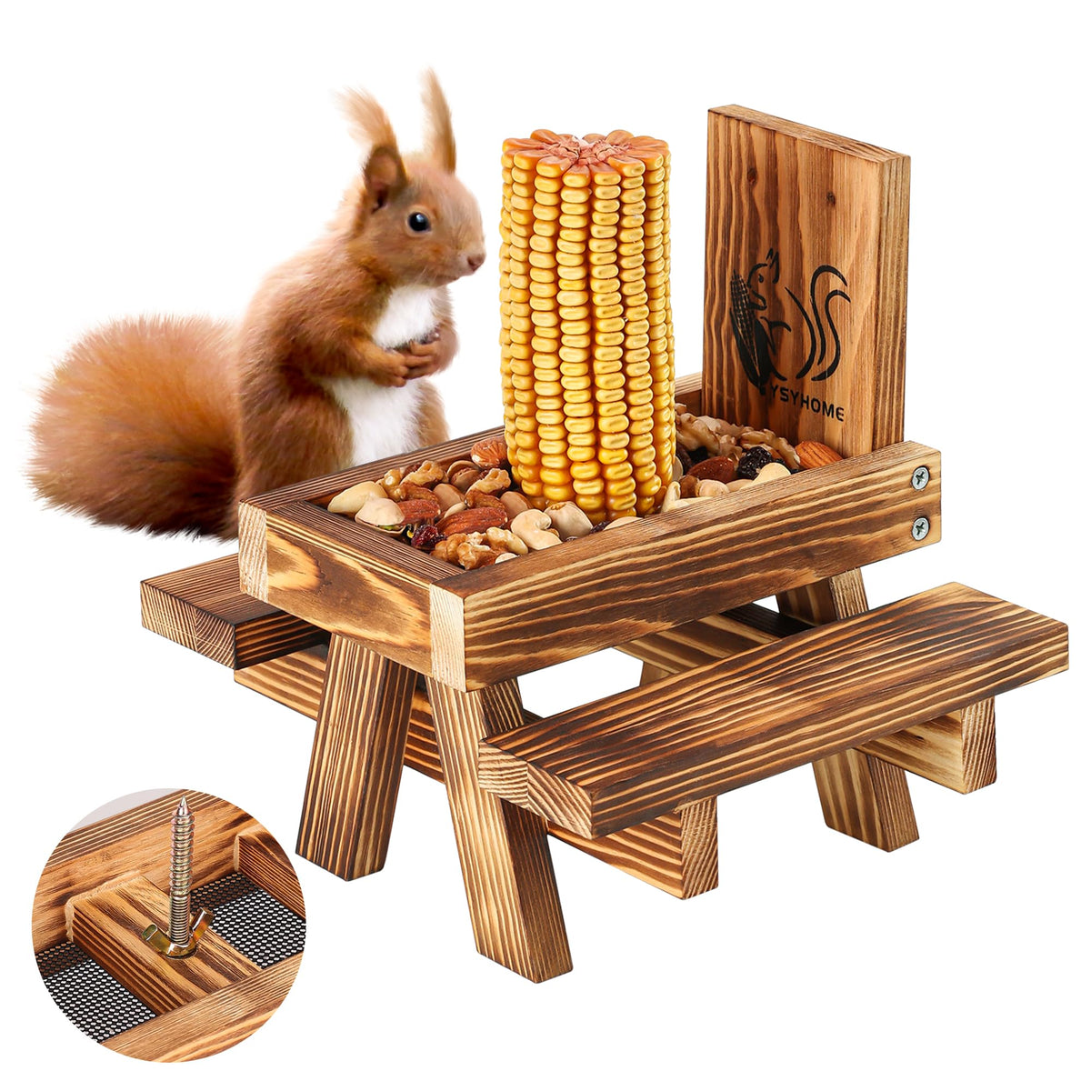 UUMENHA Squirrel feeder outdoor picnic table in use attracts woodland visitors.