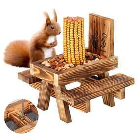UUMENHA Squirrel feeder outdoor picnic table in use attracts woodland visitors.