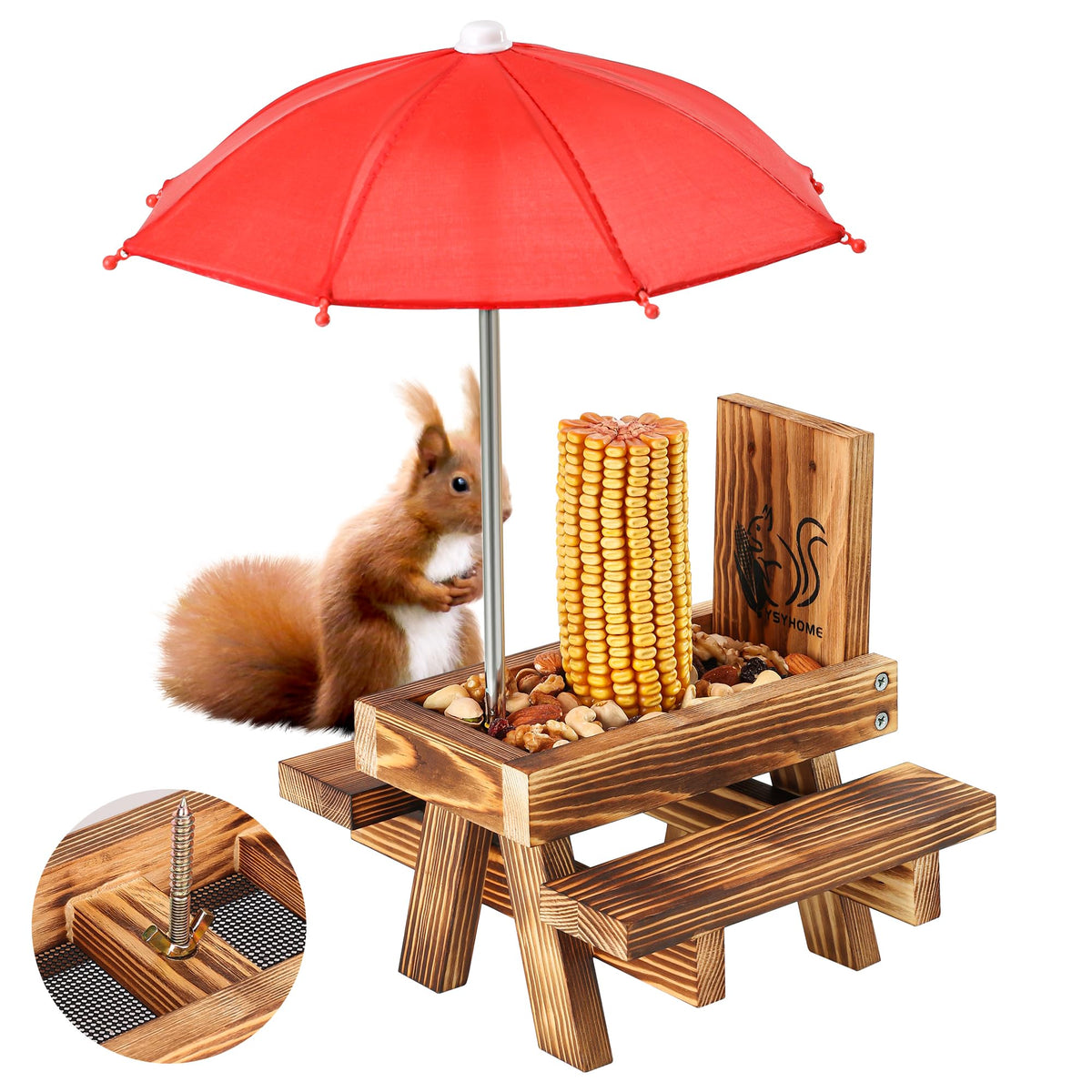 UUMENHA Squirrel Feeder with umbrella in brown-red finish for outdoor viewing