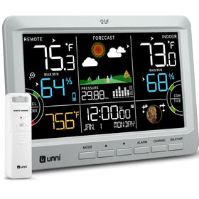 U UNNI weather station front display showing large readings for quick checks